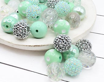 Crazy About Mint 20mm Bubblegum Beads ~ Set of 24 , Bubble Gum Beads, Acrylic Beads, Bubblegum Bead Mix, Bulk Beads, Wholesale, Mint, Gray