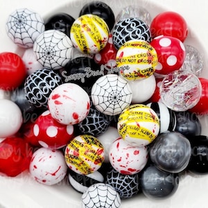 Crime Spree 20mm Bubblegum Beads Set of 24, Bubble Gum Beads, Acrylic Beads, Bubblegum Bead Mix, Bulk Beads, Wholesale, Red Black