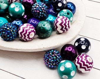Peacock Dream 20mm Bubblegum Beads ~ Set of 24 , Bubble Gum Beads, Acrylic Beads, Bubblegum Bead Mix, Bulk Beads, Wholesale, Purple, Navy