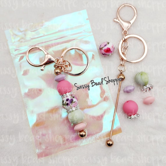 Sassybeadshoppe Rose Keychain Kit, Flower Beadable Key Chain, Beaded Keychain, Focal Beads, Bubblegum Beads, Silicone Beads