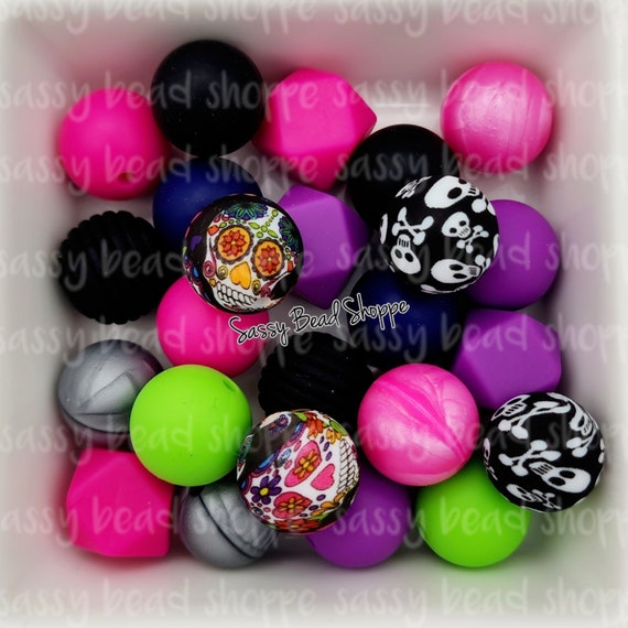 Sugar Skulls Silicone Bead Mix, Set of 24, Bulk Mix of Silicone Beads,  Silicone Beads, Beaded Pens, Keychain, Beads for Pens, Pen Beads 