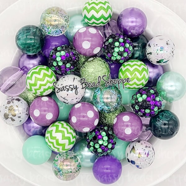 Evil Witch 20mm Bubblegum Beads Set of 24, Bubble Gum Beads, Acrylic Beads, Bubblegum Bead Mix, Bulk Beads, Wholesale, Purple, Green