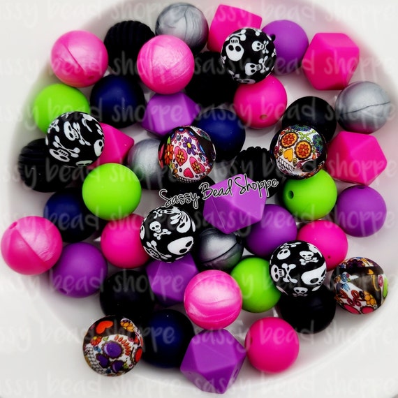 Sugar Skulls Silicone Bead Mix, Set of 24, Bulk Mix of Silicone Beads,  Silicone Beads, Beaded Pens, Keychain, Beads for Pens, Pen Beads 