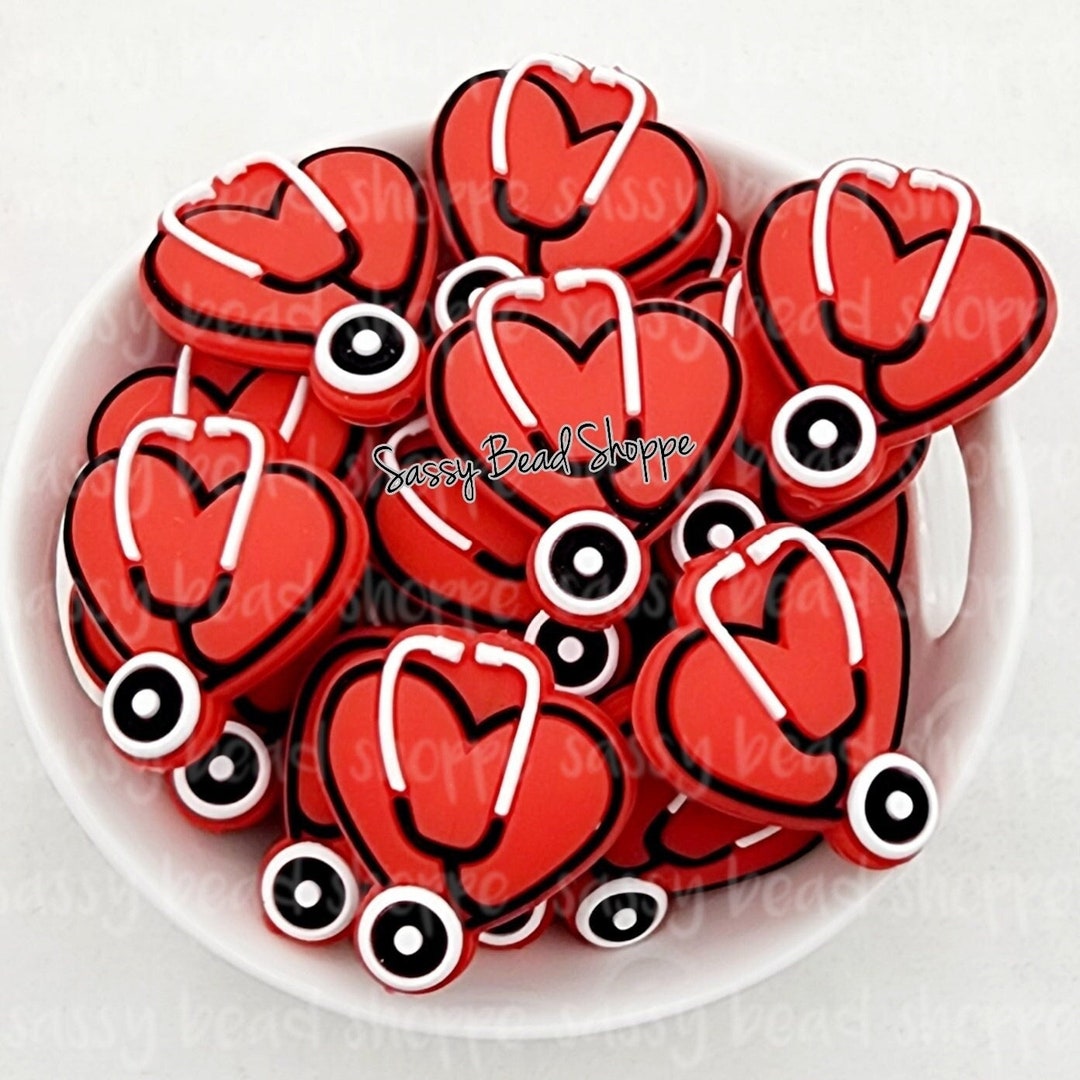 Red Heart Stethoscope Silicone Beads, Nurse Doctor Silicone Beads