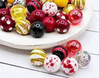 Crime Scene 20mm Bubblegum Beads Set of 24 (2 Crime Beads) Bubble Gum Beads, Acrylic Beads, Bubblegum Bead Mix, Bulk Beads, Wholesale, Red