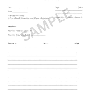 Könnte beinhalten: Ein weißes Co-Parenting-Kommunikationsprotokoll mit dem Titel oben. Das Protokoll enthält Felder für Datum, Uhrzeit, Thema, Kommunikationsmethode und einen Zusammenfassungsbereich. Der Text "Nur für die persönliche Aufzeichnung. Keine Rechtsberatung." ist ebenfalls enthalten.