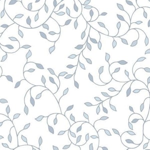 May include: A seamless pattern featuring delicate, light blue vines with small leaves, creating a flowing and intricate design on a white background.