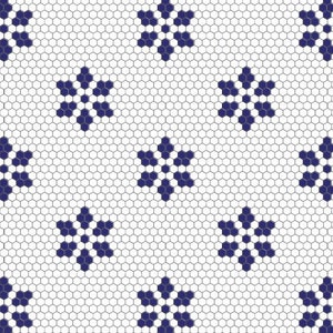 Könnte beinhalten: Ein weißer Hintergrund mit einem sich wiederholenden Muster aus blauen sechseckigen Fliesen. Jede Fliese hat in der Mitte ein kleines, sechszackiges Sternmuster.