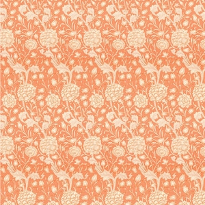 May include: A seamless pattern featuring a repeating design of white flowers and leaves on a peach background.