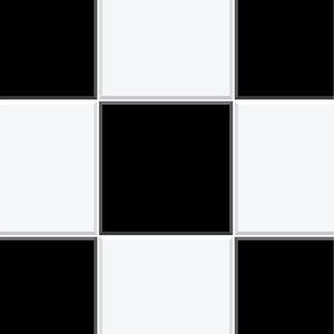 Könnte beinhalten: Schwarz-weißes Schachbrettmuster-Fliesendesign. Die Fliesen sind in einem quadratischen Muster mit abwechselnd schwarzen und weißen Quadraten angeordnet.