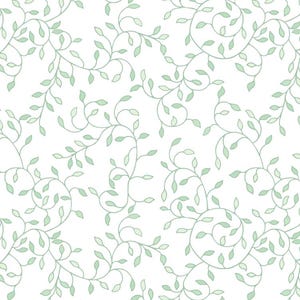 May include: A seamless pattern featuring delicate green vines with small leaves, creating a flowing and organic design on a white background.