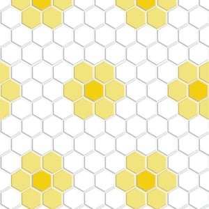 May include: A seamless pattern of white hexagonal tiles with yellow hexagonal tiles in the centre of each. The yellow tiles are arranged in a flower shape.