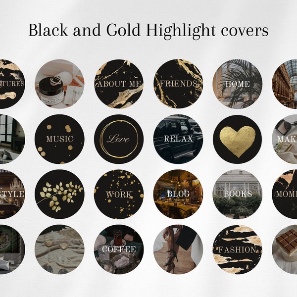 60 Instagram Story Highlight Icons, Luxus Highlight Covers Templates, Canva, Schwarz und Gold, stilvolle Ästhetik