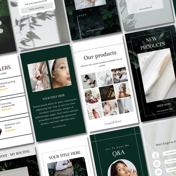 50 Dark Green Instagram Stories, Canva Templates, Skincare business, Esthetician templates, minimalist, green and white, blogger