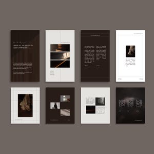 Op de afbeelding: Een verzameling van acht minimalistische designkaarten met tekst en afbeeldingen. De kaarten hebben een donkerbruin, wit en zwart kleurenschema. De tekst bevat zinnen als "Above all, we believe in quiet confidence" en websiteadressen.