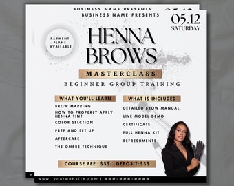 Masterclass Flyer 1 on 1 or  Henna Brow class, Business, Social media, Instagram template post, marketing, DIY lashes, Hair, Wigs Digital