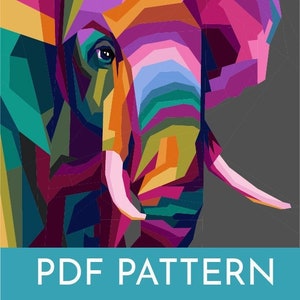 May include: A colourful geometric pattern of an elephant's head with a pink trunk and tusks. The background is a dark grey. The text "PDF PATTERN" is at the bottom of the image.