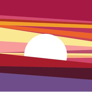 May include: Abstract geometric sunset illustration with a white circle in the centre, representing the sun, and a layered background of pink, orange, yellow, and red stripes.