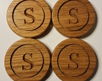 Initial Oak Coaster and Bottle Opener Set - Oak Wood - Gift - Wood Coasters - Set of 4 Coasters - Personalize