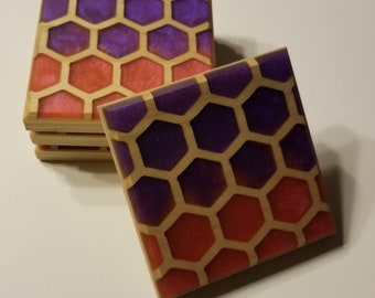 Honeycomb Resin Coaster Set with Bottle Openers - Poplar Wood - Gift - Wood Coasters - Set of 4 Coasters - Pink & Purple