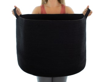 Bambiso XXXLarge Black Cotton Rope Basket size 22x22x16 inches with Handles for Laundry Bin, Blanket, Storage, Décor