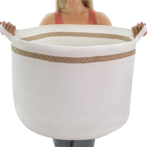 Bambiso XXXXLarge Braid Jute on White Cotton Rope Basket Woven Fabric Storage for Laundry, Blankets, Kids Toys, Baby Nursery Organizer