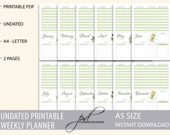 Undated Weekly Planner 12 months, A5 Printable