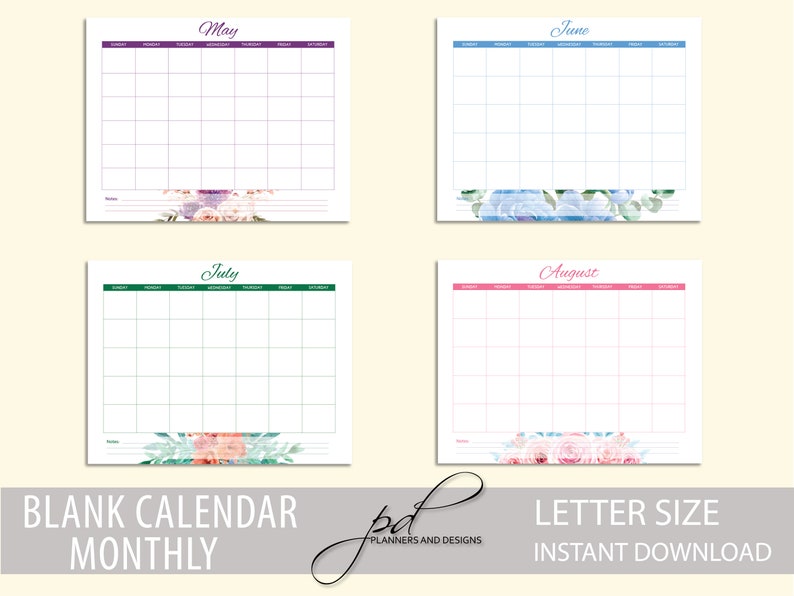 Printable Monthly Blank Calendar, Letter Size, Instant Download - Etsy
