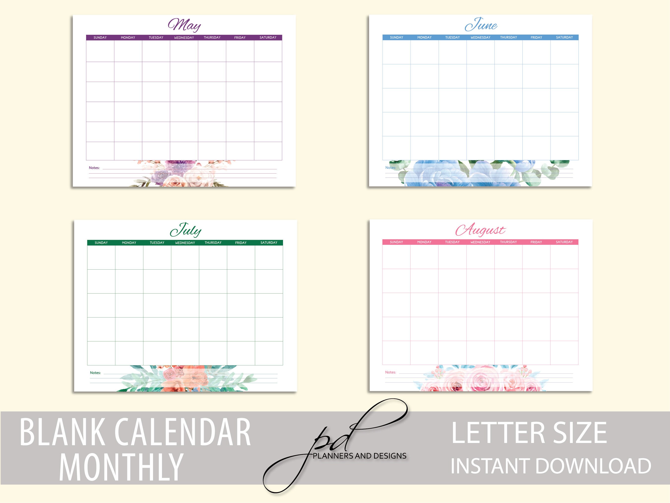 Printable Monthly Blank Calendar, Letter Size, Instant Download - Etsy