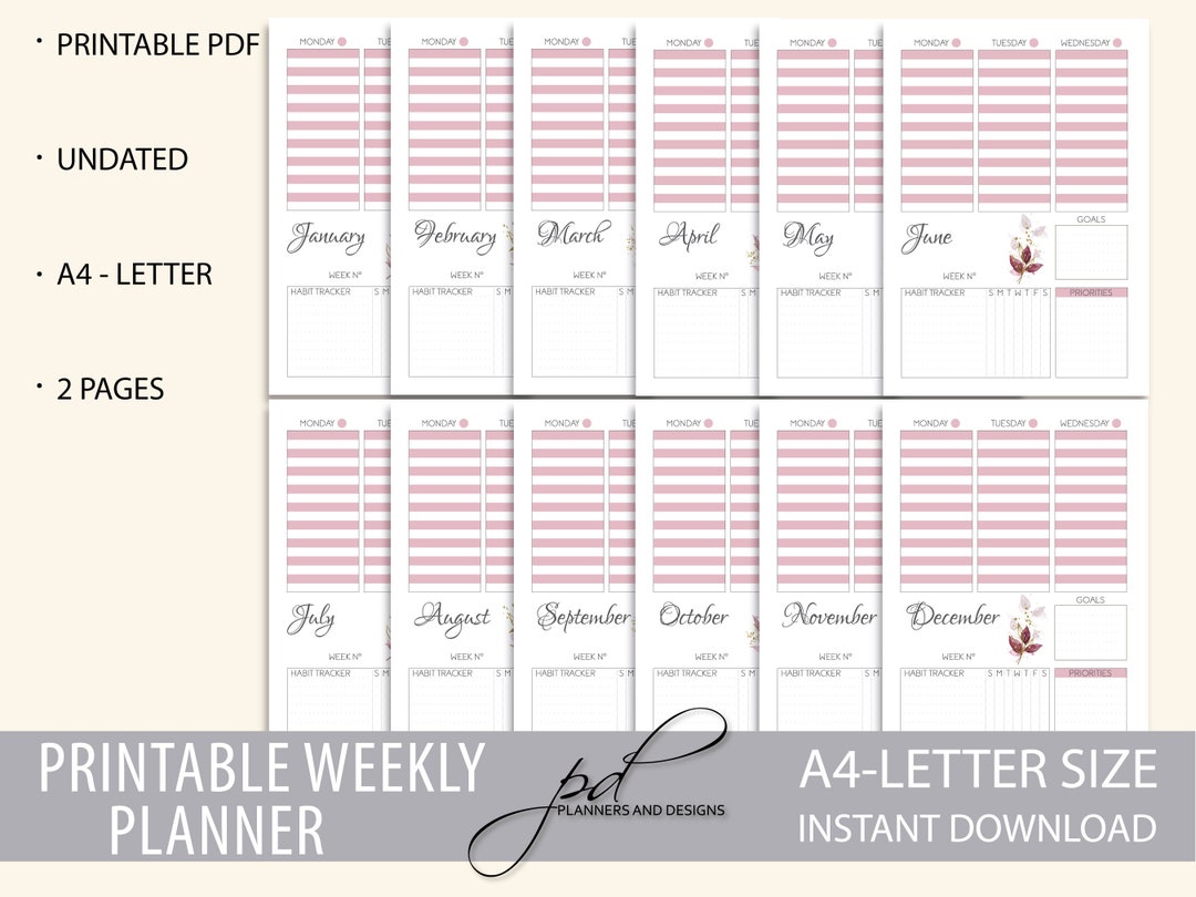 Undated Weekly Planner 12 Months, A4 - Letter Size Printable - Etsy