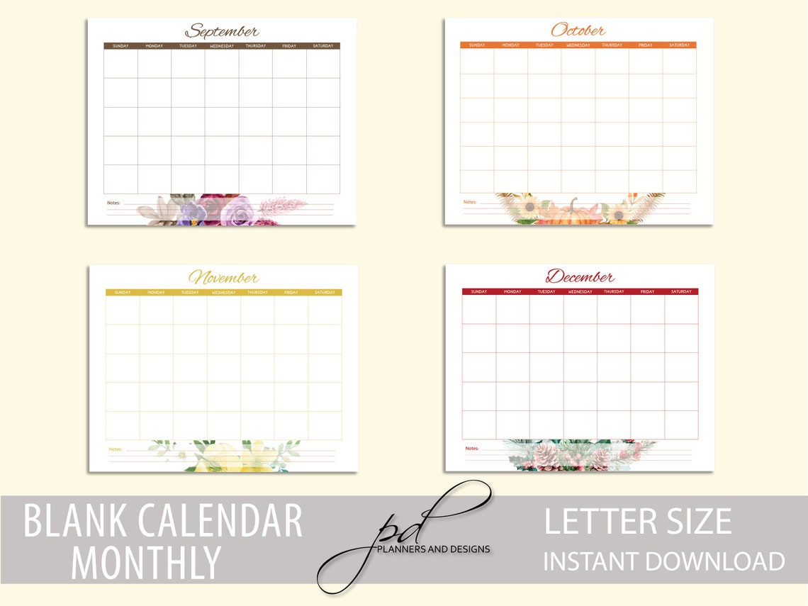 Printable Monthly Blank Calendar, Letter Size, Instant Download - Etsy