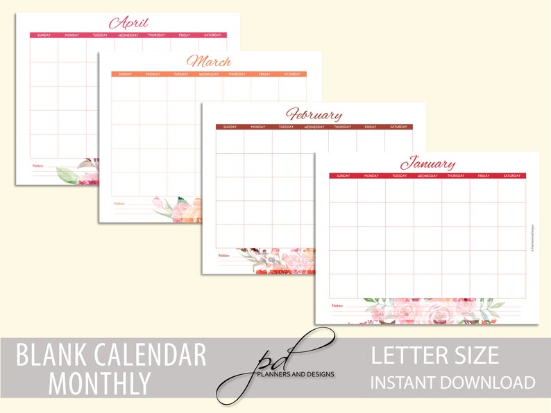 Printable Monthly Blank Calendar, Letter Size, Instant Download - Etsy