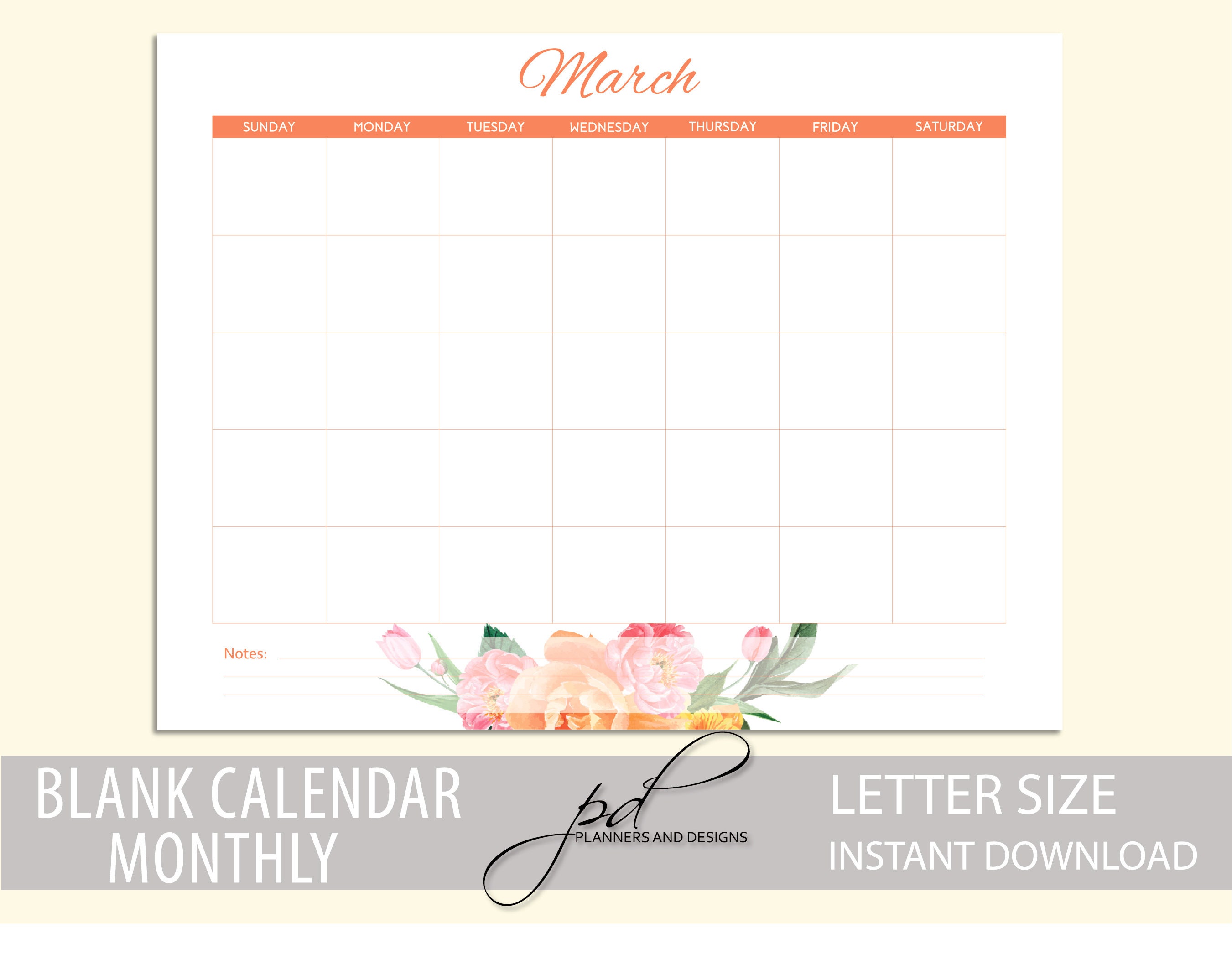 Printable Monthly Blank Calendar, Letter Size, Instant Download - Etsy