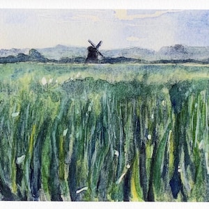 Windmill, Pitstone, UK watercolor landscape