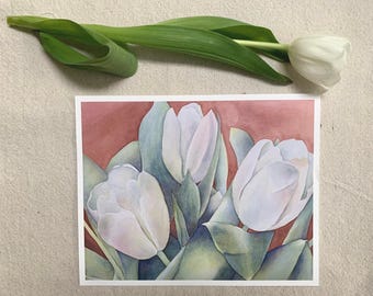 White Tulips original watercolor Print