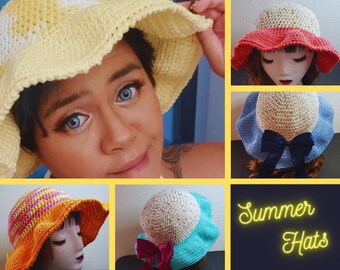 Crochet Summer Sun Hat handmade with Satin Bow