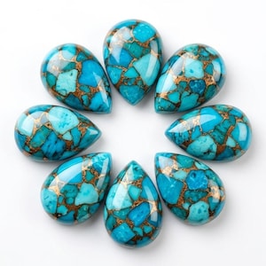 May include: Eight polished, teardrop-shaped turquoise gemstones arranged in a circular pattern. Each stone features a vibrant blue colour with intricate, dark copper-coloured veining throughout the surface, creating a mosaic-like appearance.