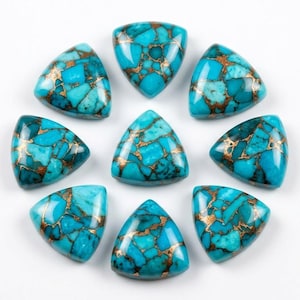 May include: Eight triangular turquoise gemstones arranged in a circular pattern. Each stone features a vibrant blue color with intricate, dark brown copper matrix veining throughout the surface, creating a distinct webbed appearance on every piece.