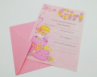 annonce de bébé vintage, c'est une annonce de fille, annonce de naissance de bébé fille, nouvelle carte de bébé fille, arrivée de bébé fille, stationnaire vintage