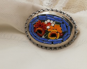 Millefiori Brooch, Micro Mosaic Brooch, Italian Brooch, Micro Mosaic Jewelry, Vintage Floral Brooch, Glass Brooch, Women Vintage Gift