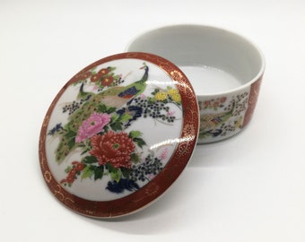 Plat de bibelot de paon, boîte de bibelot vintage avec couvercle, fabriqué au Japon, boîte à bijoux en porcelaine vintage, accessoire de coiffeuse, Gi vintage pour femmes