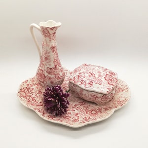James Kent Old Foley, Antique Vanity Set, Dressing Table Set, Chintz China, Porcelain Dresser Set, Dressing Table Accessories, Ruby Red