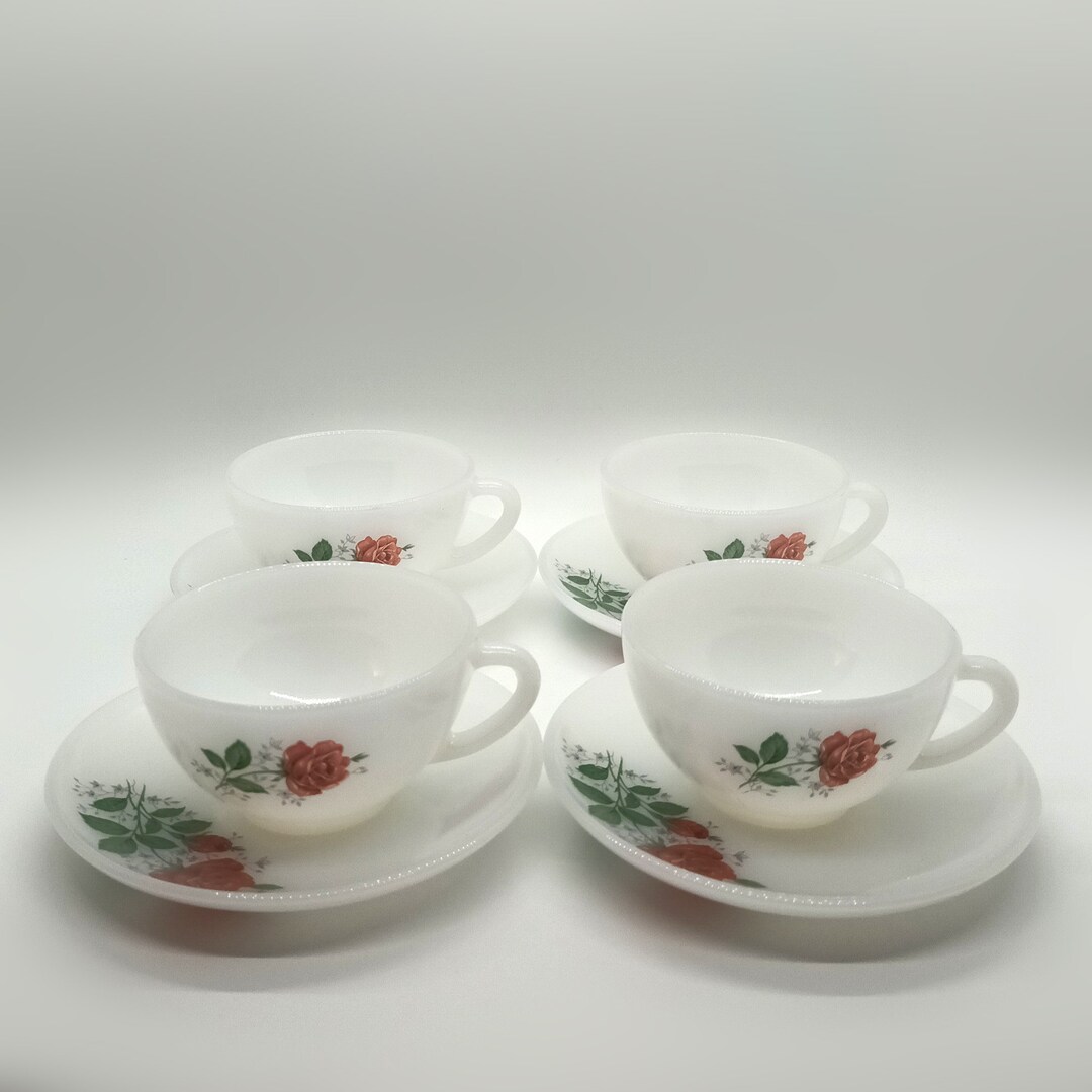 Acropal Milk Glass Cups and Saucers Rose Cups Vintage Etsy