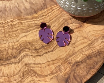 Pink Monstera leaf earrings