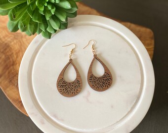 Walnut Mandala Teardrop Earrings