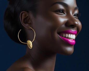 Gold-plated bronze hoop earrings with mask - ABENA