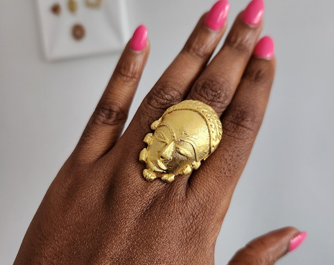 Adjustable ring in gilded bronze with mask - SRAN