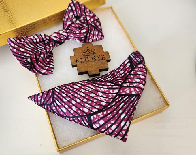 Wax print silk bow tie and pocket square, Adjustable bow tie and wax pocket square for wedding or ceremony - WAX