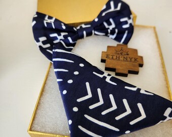 Wax print silk bow tie and pocket square, Adjustable bow tie and wax suit pocket for wedding or ceremony - BOGOLAN