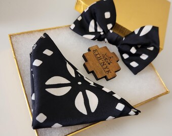 Wax print silk bow tie and pocket square, Adjustable bow tie and wax suit pocket for wedding or ceremony - BOGOLAN